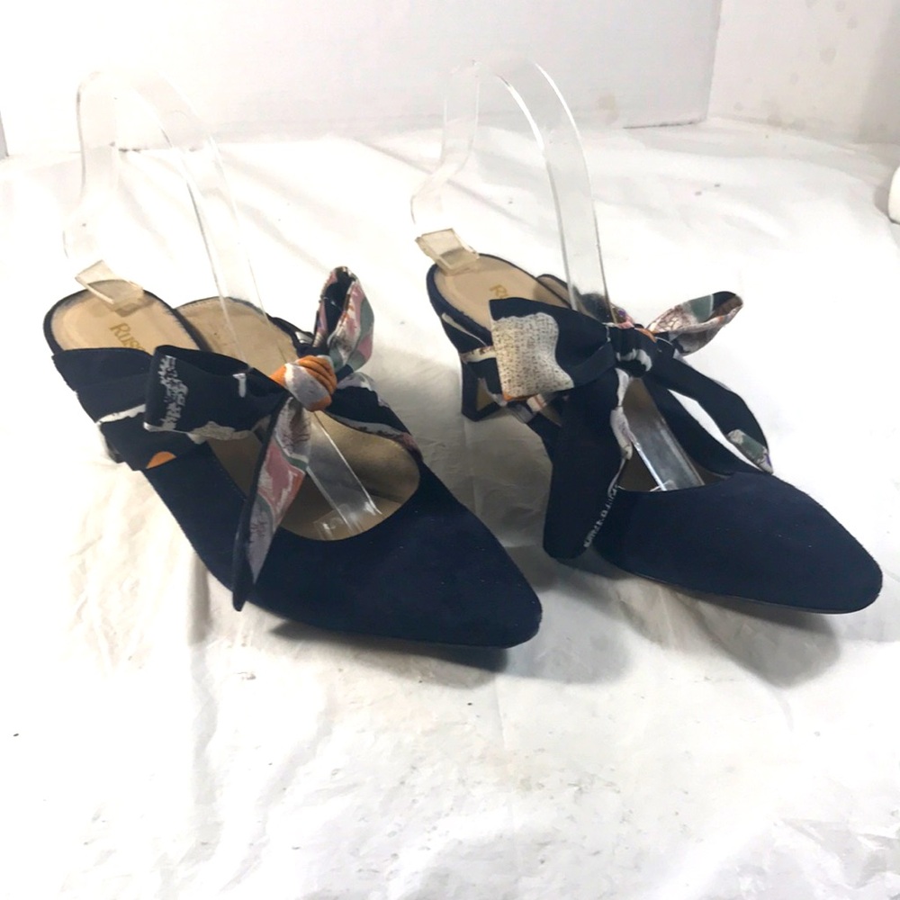Russell and Bromley Elegant Blue Suede Women's Mules With a Tied Bow Accent